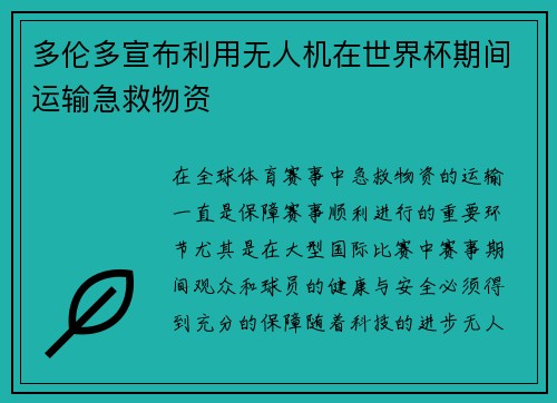 多伦多宣布利用无人机在世界杯期间运输急救物资 多伦多宣布利用无人机在世界杯期间运输急救物资