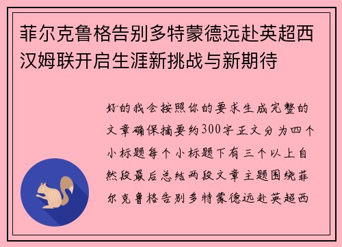 菲尔克鲁格告别多特蒙德远赴英超西汉姆联开启生涯新挑战与新期待