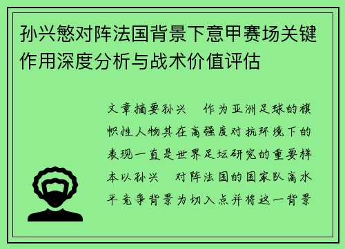 孙兴慜对阵法国背景下意甲赛场关键作用深度分析与战术价值评估 孙兴慜对阵法国背景下意甲赛场关键作用深度分析与战术价值评估